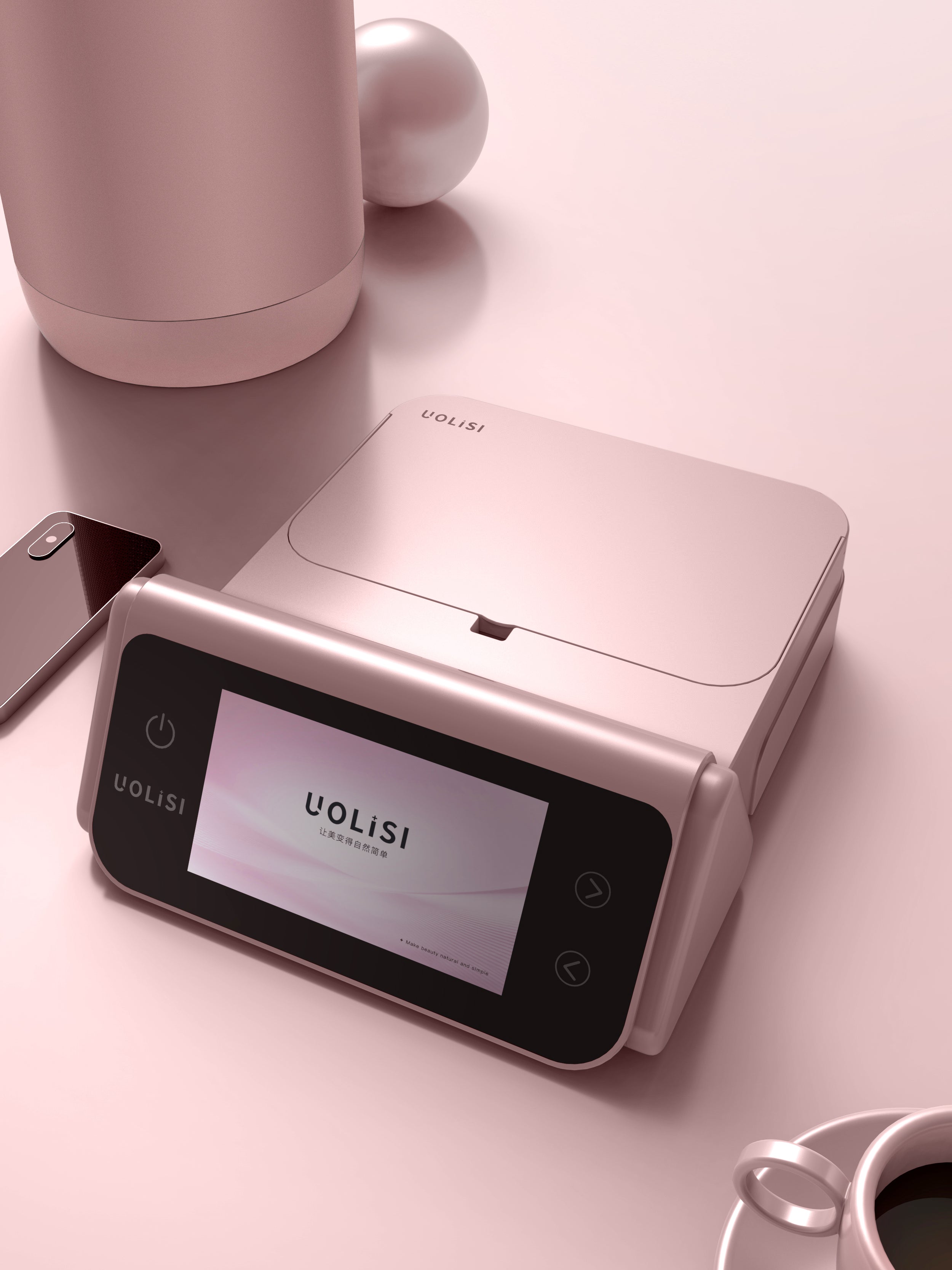 Close detail of the UOLISI device in a rose finish